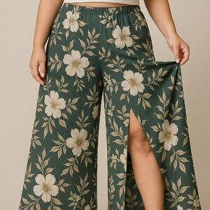Mimi Chica Floral Split-Leg Palazzo Pants Green Gray Size M NWT
